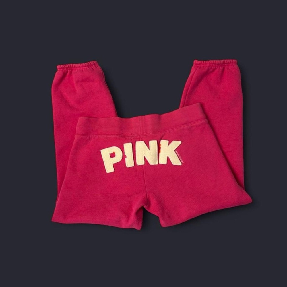 Hot Pink Victoria’s Secret PINK Cropped Jogger Sweatpants w Embroidered Dog & 86